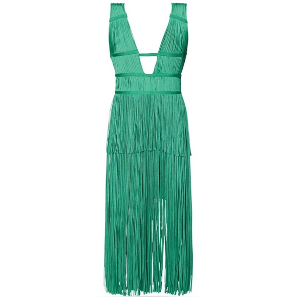 Plunging Fringed Midi Dress - Juniper, XS, by Herve Leger Plunging Fringed Midi Dress - Juniper, XS, by Herve Leger